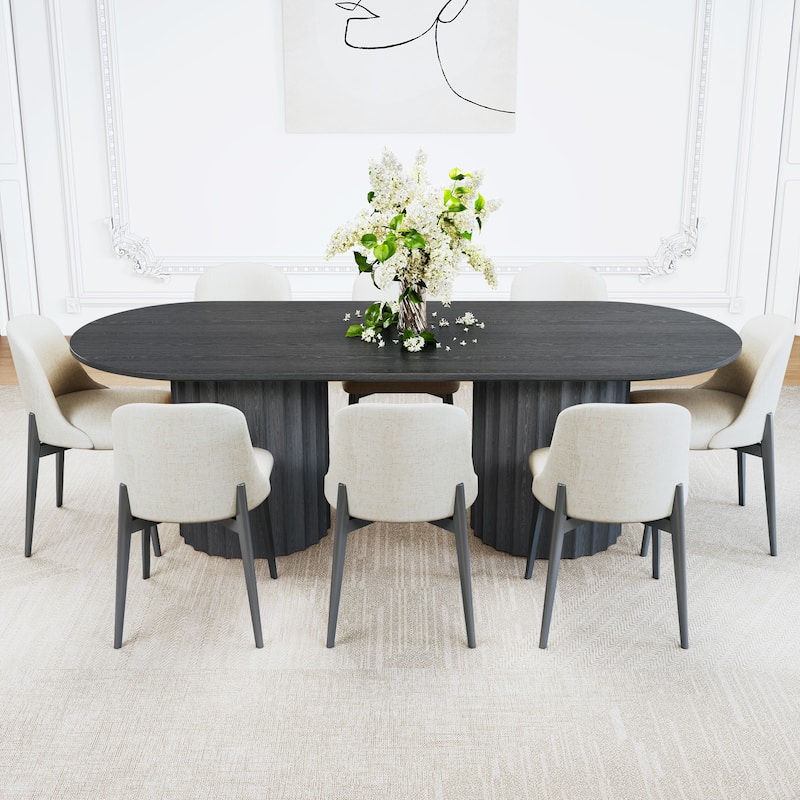 86" Modern Oval Dining Table Set with 8 Upholstered Chairs Black Textured Wood Top & Dual Cylindrical Pedestal Base - Black