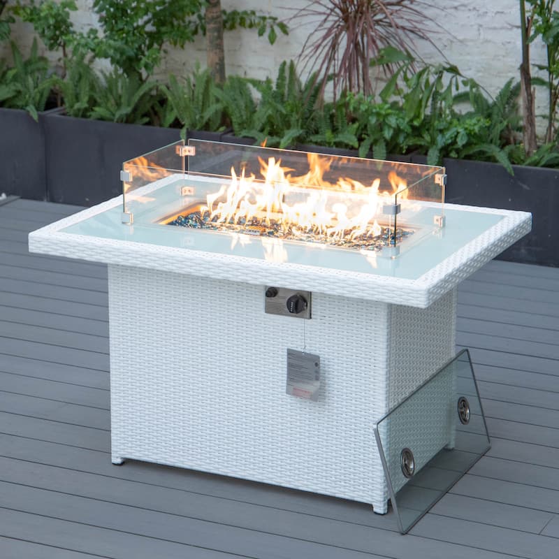LeisureMod 44" Outdoor Fire Pit Table with 55,00 BTU - Rectangular Wicker Rattan Table for Lounge Porch Backyard Patio Decor