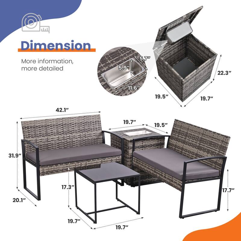 4 Piece Outdoor PE Wicker Furniture Set, Patio Black Rattan Sectional Sofa Couch with Washable Cushions