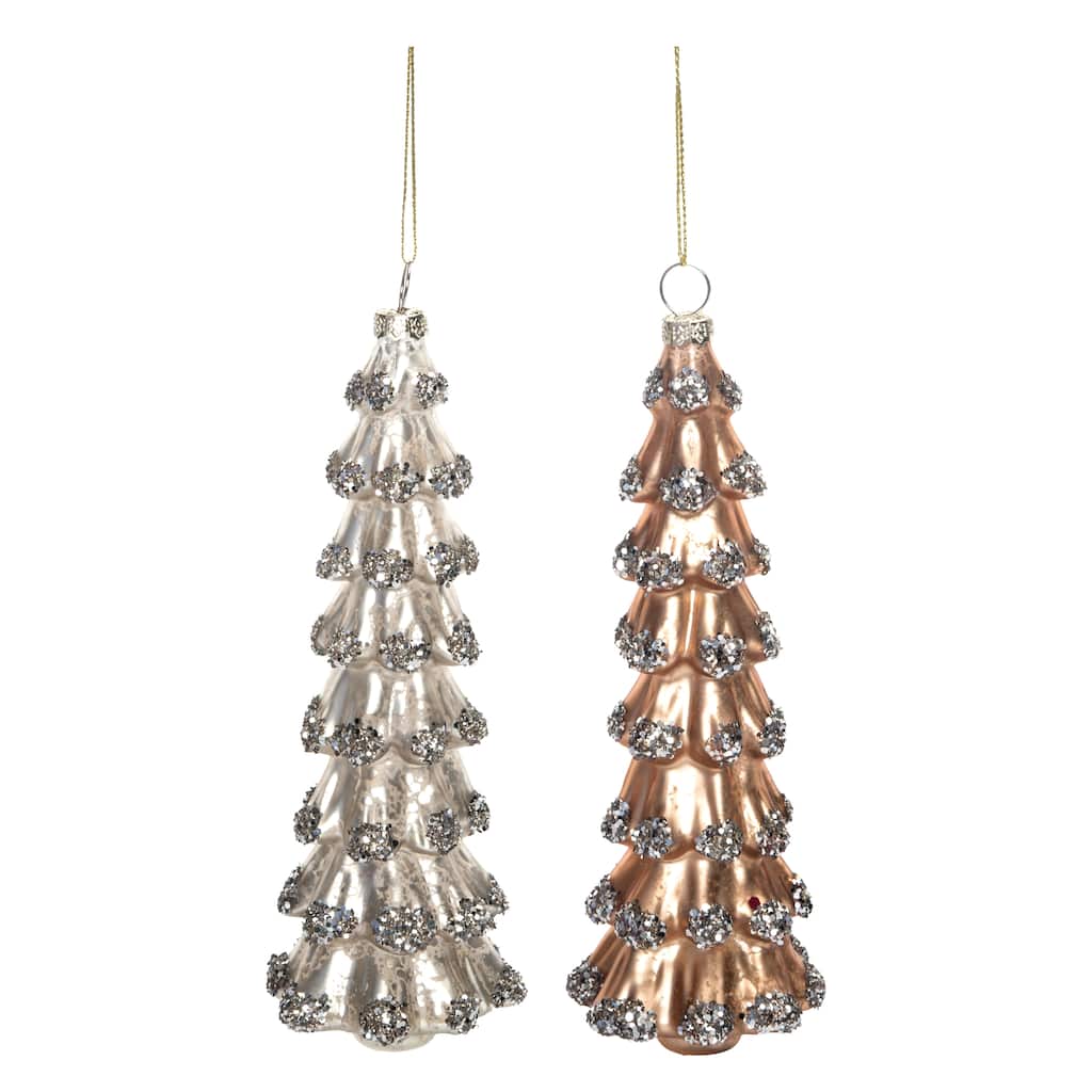 Transpac Christmas Glass Metallic Glitter Tree Ornament Set of 2 Christmas Home Decorations