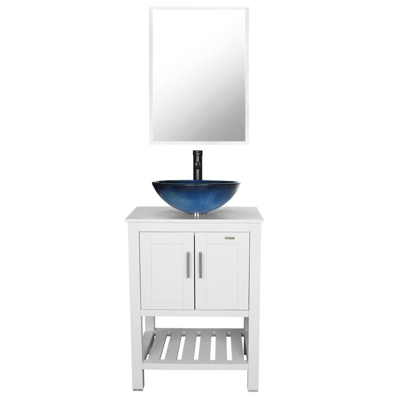 24" Bathroom Vanity Set Ceramic/ Tempered Glass Vessel Sink White Cabinet Combo Mirror Faucet Free-standing - blue round sink
