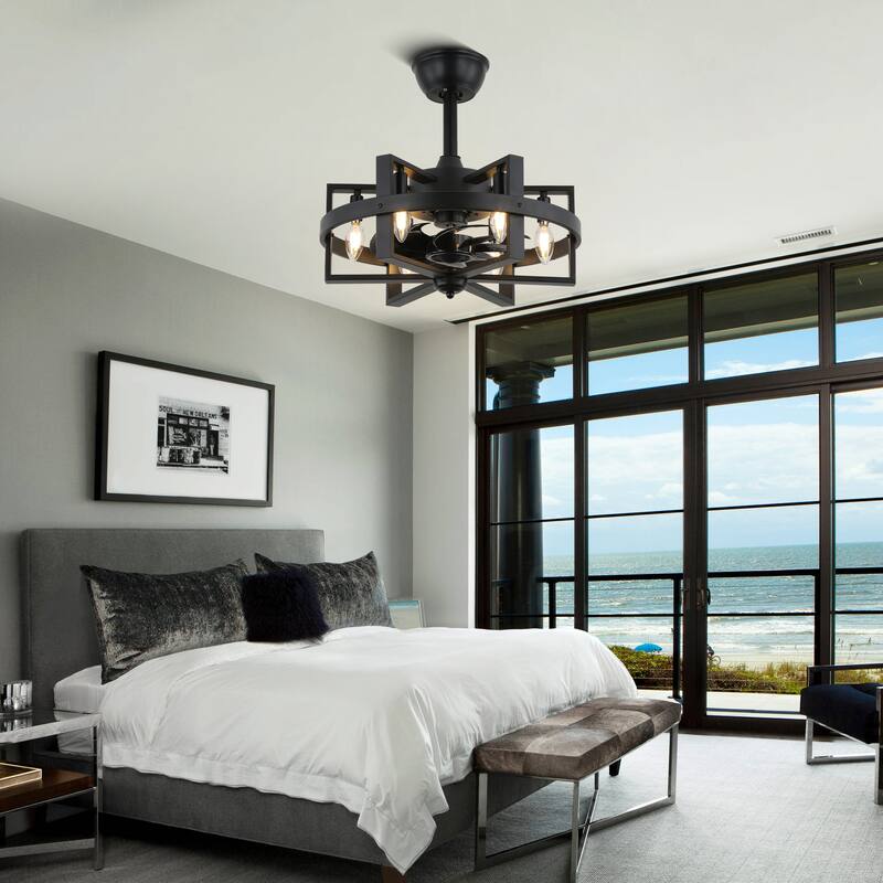 18" Oaks Aura Spacecraft-inspired Industrial Black Ceiling Fan with Lights, 3-Speed Reverisable Ceiling Fan with Remote