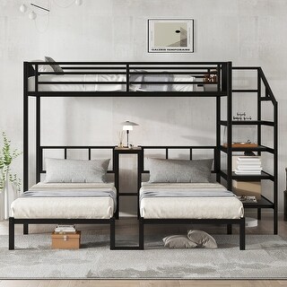 Twin XL over Twin & Twin Bunk Bed Metal Triple Bunk Bed with Foldable Desk, Storage Stairs Shelves and Safety Guardrails