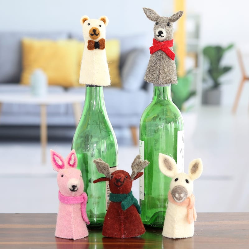 Novica Handmade Barnyard Holiday Wool Felt Bottle Toppers (Set Of 5)