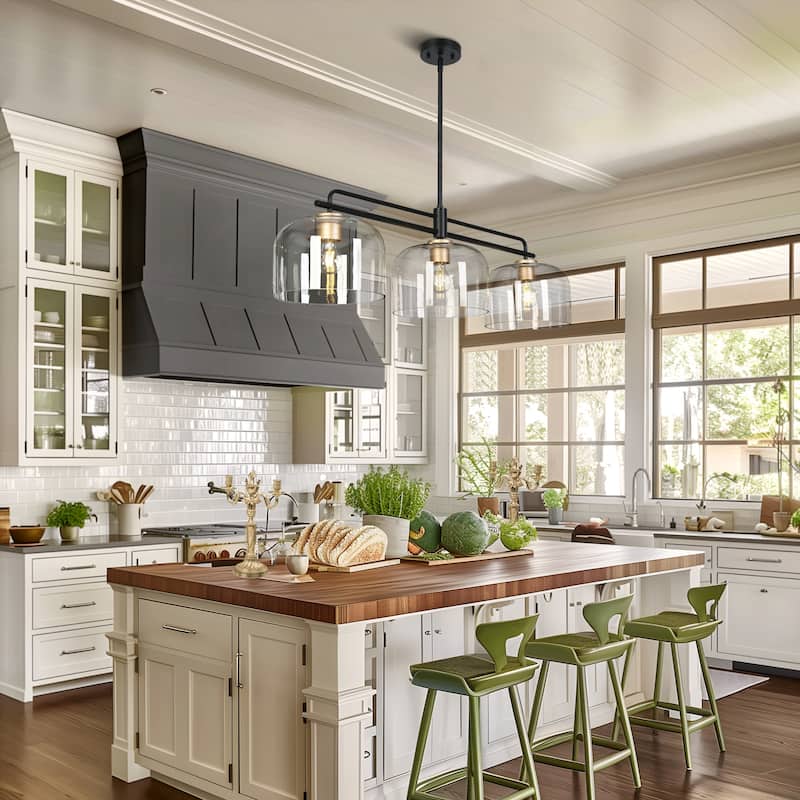 Modern Black 43" Oversized 3-Light Chandelier with Bowl-Shape Shade Kitchen Island for Dining Room - 43.3 " × 10.2 " × 11 "