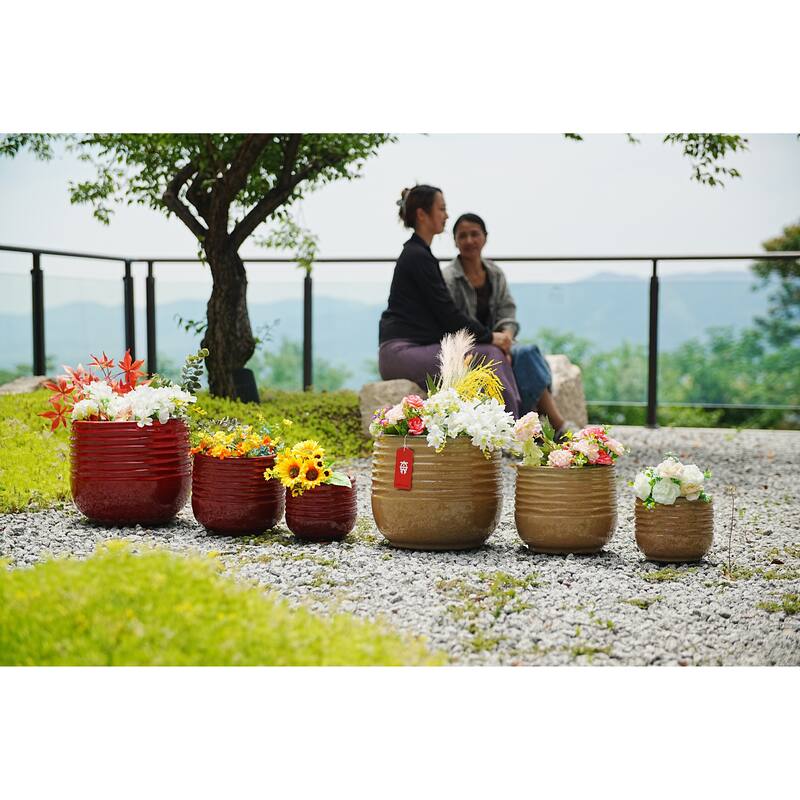 Rustic Red Ceramic Planter Set of 3 - 14.6" Square Striped Plant Pots with Drainage Holes