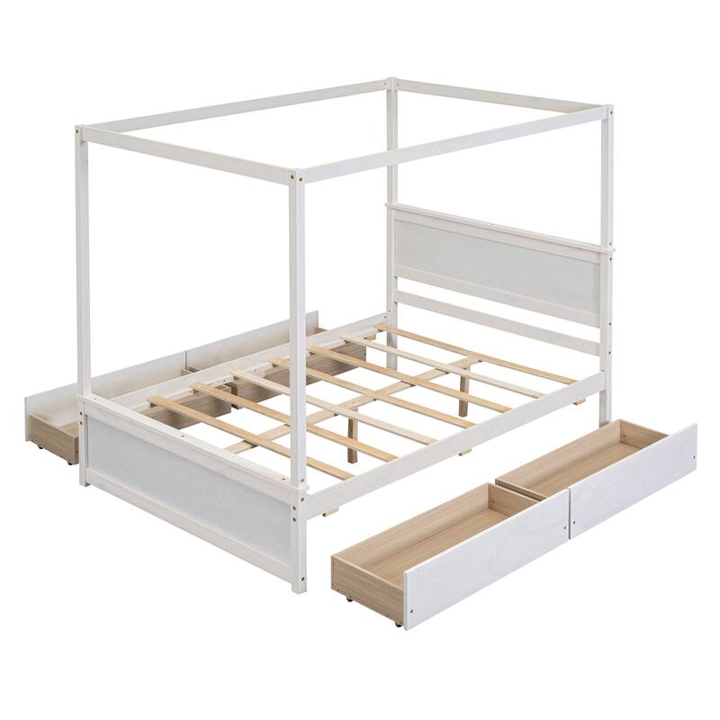 Full Size Wood Canopy Bed with 4 Drawers Platform Bed & Headboard Four Poster Bed No Box Spring Needed, Easy Assembly