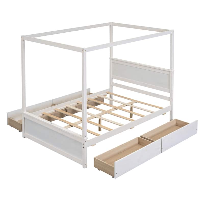 Full Size Wood Canopy Bed with Drawers, Brushed White Finish, No Box Spring Needed