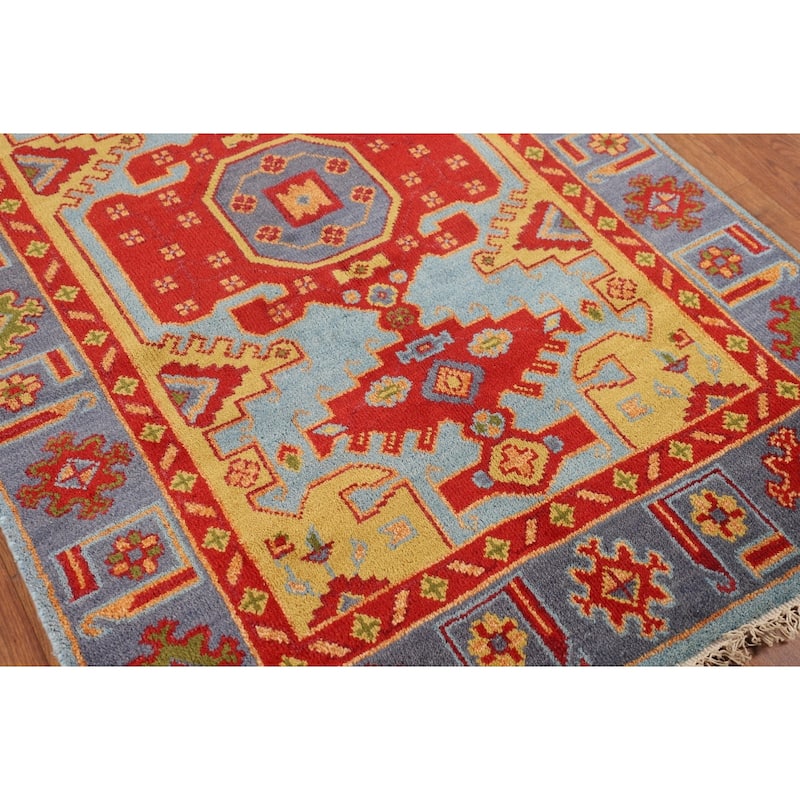 Geometric Kazak Oriental Foyer Rug Hand-Knotted Wool Carpet - 3'11"x 5'11"