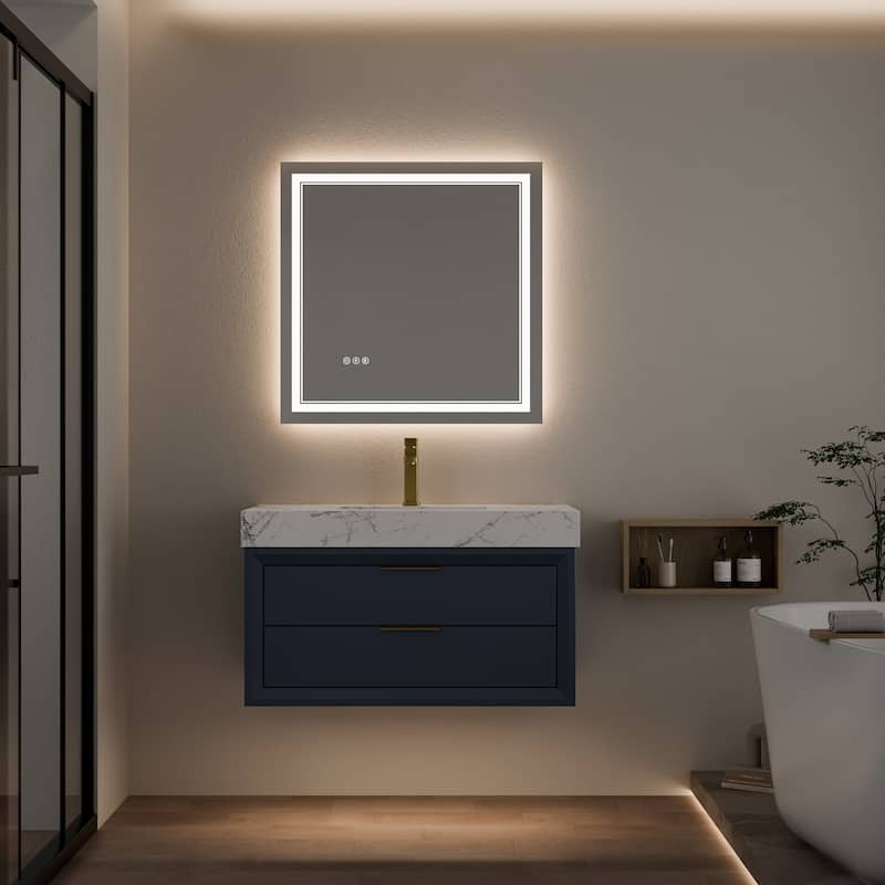 Modland 36" Wall-Mount Vanity with LED Light & 2 Soft-Close Drawers - Solid Oak, Black,White,Blue,Green - 36 inch