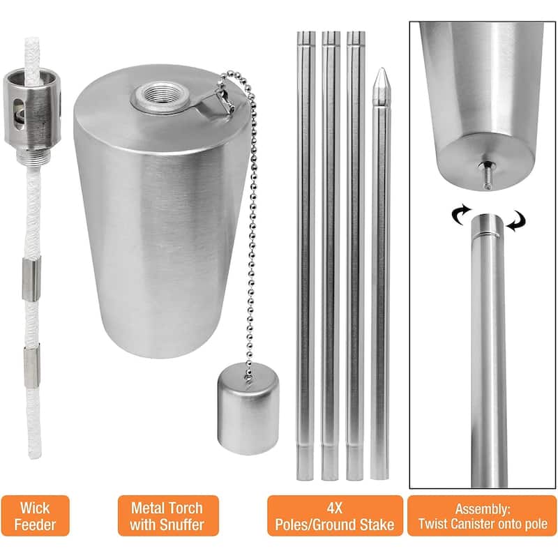 Matney Stainless Steel Torches – Includes Fiberglass Wick and Snuffer Cap - Set of 2 (11 oz)