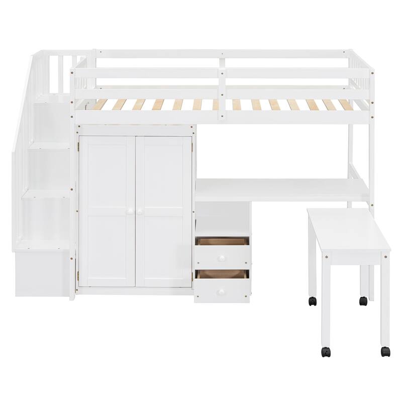 Space-Saving Twin Loft Bed with Stairs, Bookshelf, Drawers, Desk & Wardrobe for Kids & Teens - White