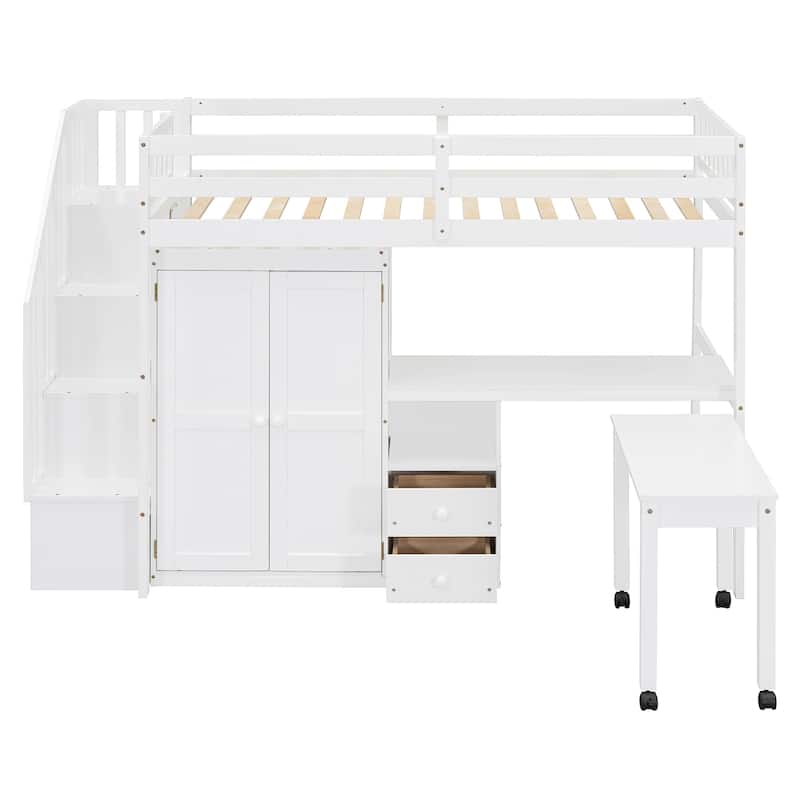 Twin/Full Size Wooden Loft Bed with Stairway and Bookshelf, Solid Pinewood Storage Playhouse Bed Frame with Desk and Wardrobe