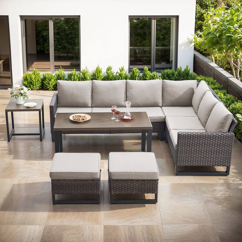 Gymojoy 5-Piece Outdoor Wicker Furniture Set, L-Shaped Sectional Sofa Set - Brown Wicker / Beige Cusion - 5-Piece