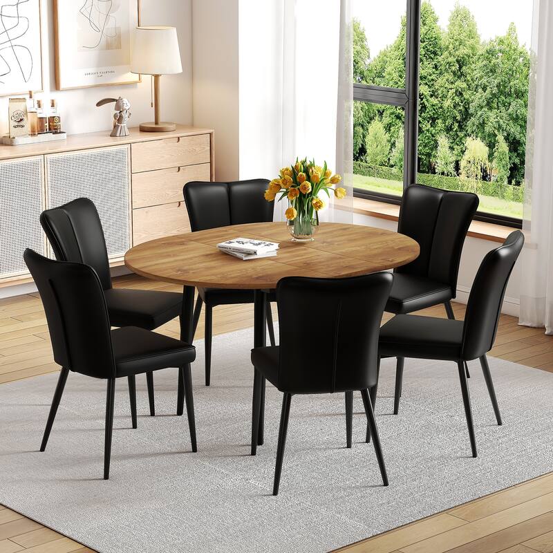 Modern Extendable Dining Table Set for 4/6 People with Faux Leather Chairs, 5 Piece/7 Piece Space-Saving Wood Dining Table Set - Black Wood 7 Piece Set