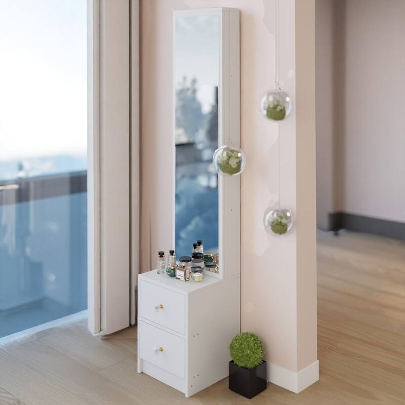 Simple Standing Mirror Cabinet with Storage Shelves, 63" Full-Length Mirror for Bedroom or Vanity Setup