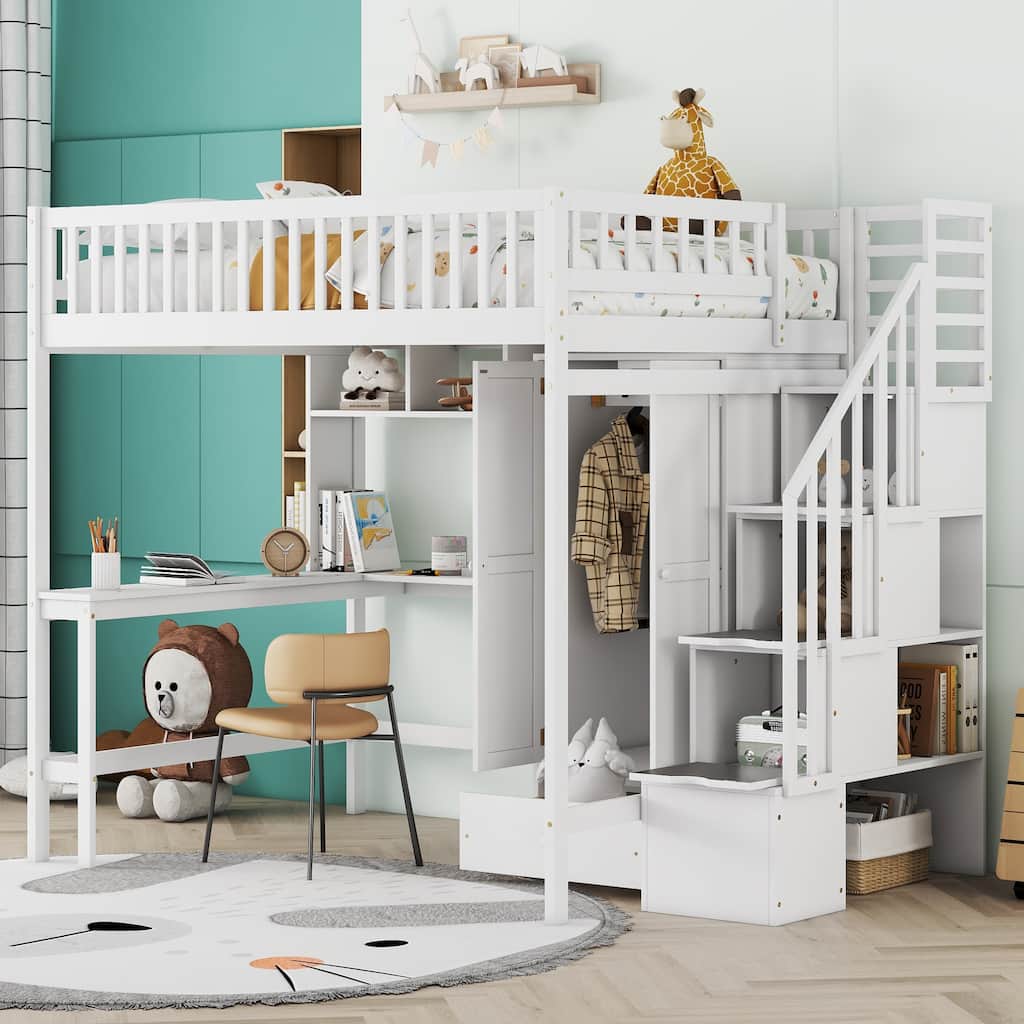 Full Size Loft Bed with Bookshelf, Desk, Wardrobe, and Drawers for Children's Bedrooms, Guest Rooms