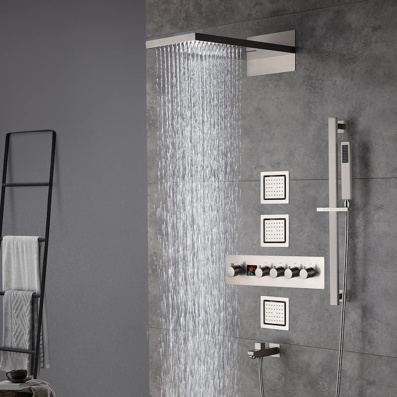 22" Rainfall Waterfall Digital Thermostatic Shower Faucet System w/ Jets, Sprayer, Slide Bar - BN - Brushed Nickel