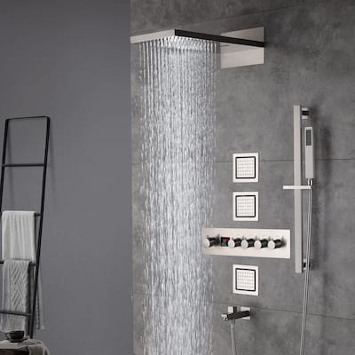 22" Rainfall Waterfall Digital Thermostatic Shower Faucet System w/ Jets, Sprayer, Slide Bar - BN - Brushed Nickel