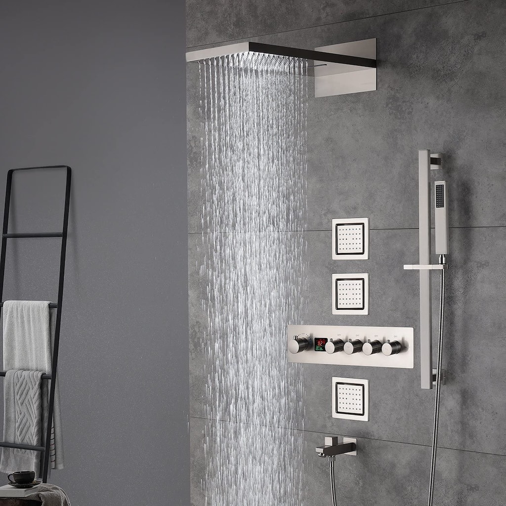 22" Rainfall Waterfall Digital Thermostatic Shower Faucet System w/ Jets, Sprayer, Slide Bar - BN - Brushed Nickel