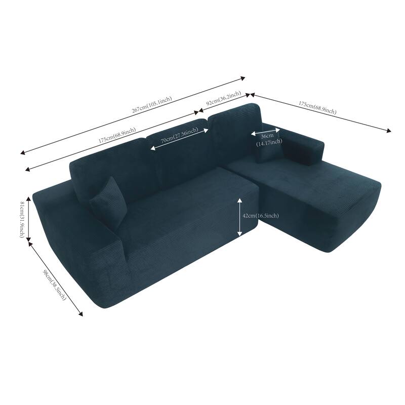 Modular Sectional Sofa with L-Shape Chaise Lounge, Corduroy Deep Seat Cloud Couch, Corner Upholstered Sofa with 2 Pillows