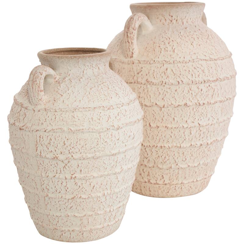 Ceramic Textured Vase with Handles and Terracotta Accents - Set of 2 Cream - Roche River Decor - 8"W x 8"L x 11"H
