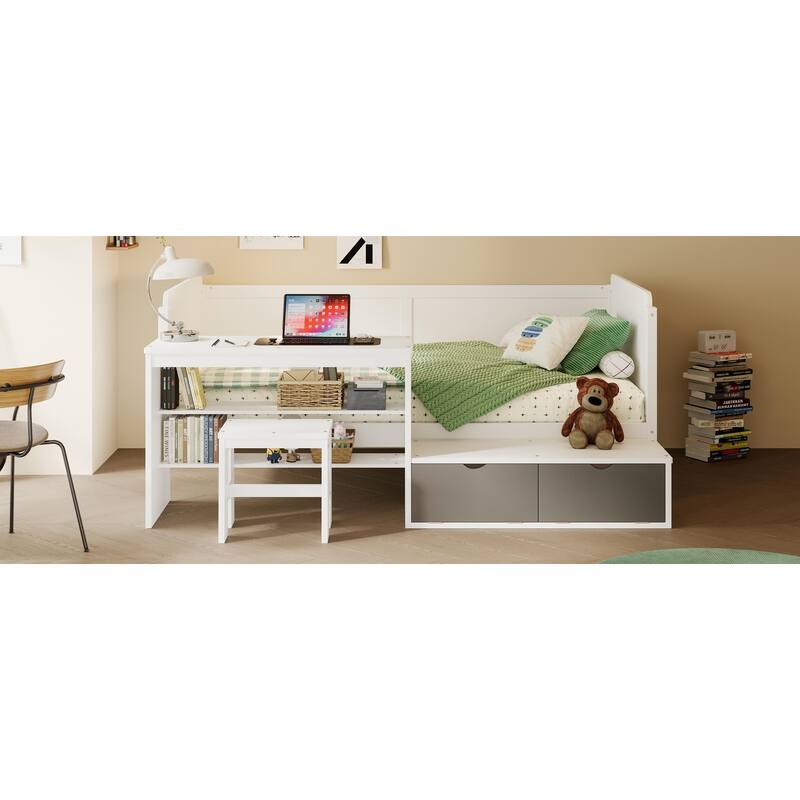 White Twin Size Multi-functional Daybed with Storage, Study Desk, and Stool