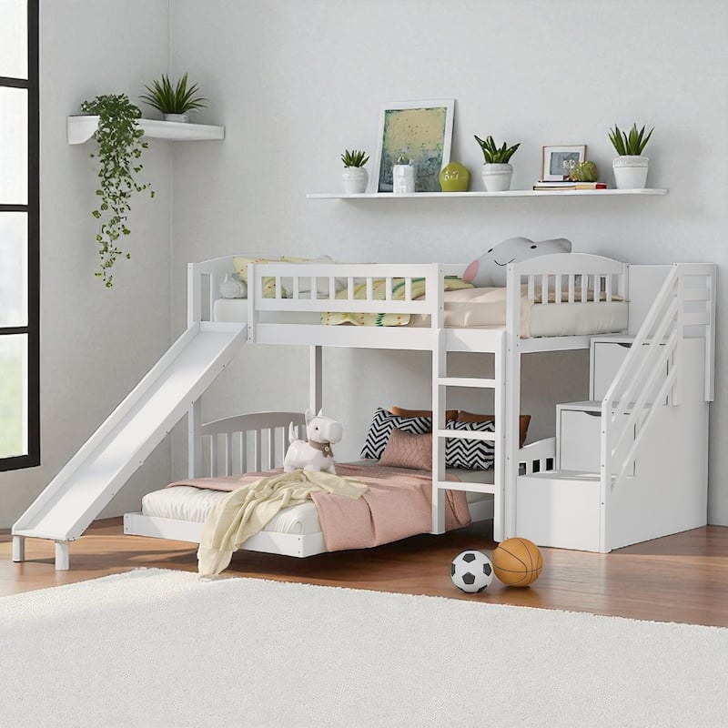Stairway Twin over Twin Bunk Bed with Slide and 2 Drawers, Reversible Ladder and Guardrails