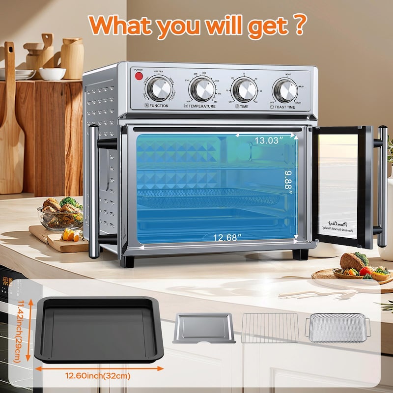PlumChef 26QT Extra-Large French Double-Door Air Fryer Convection Toaster Oven, 1700W, 7 Preset Menus, 7-in-1 Multi-Function