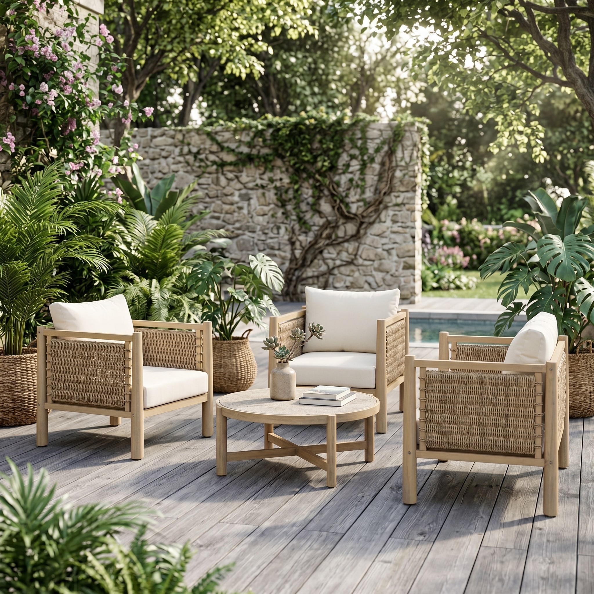 Christopher Knight Home - Rivetti Set of 3 Outdoor Armchairs, Acacia Wood with PE Wicker Woven Arms & Water-Resistant Cushion