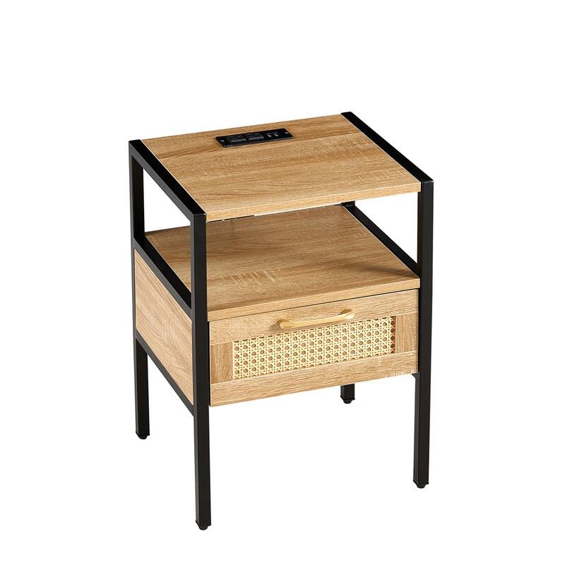 15.75" Modern Rattan End Table with Charging Station Nightstand with Drawer Metal Legs Side Table