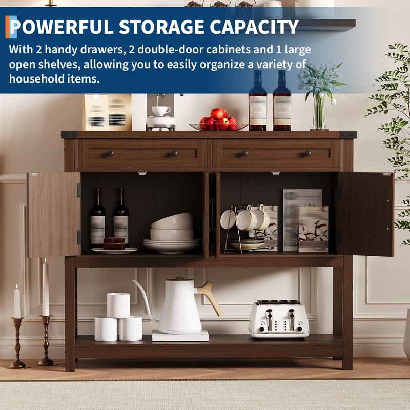 47.2" Buffet Sideboard Cabinet - Modern Farmhouse Storage Console Table with 2 Drawers & 4 Barn Doors, Coffee Bar