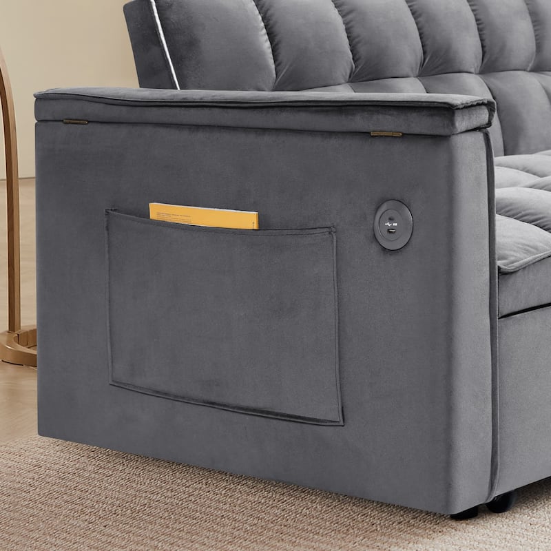 55.5" Convertible Velvet Double Sleeper Sofa Bed with Hidden Side Table