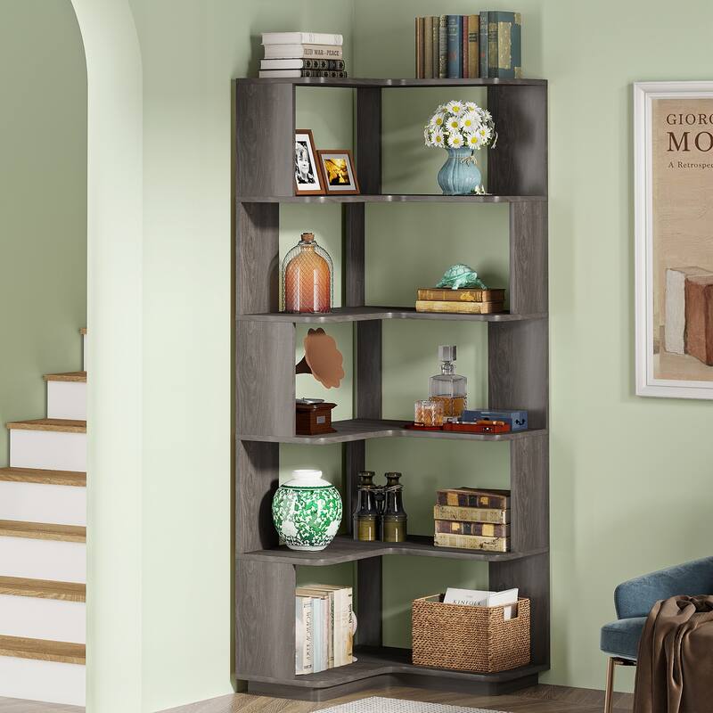 6-Tier Corner Bookshelf, 64.9 Inch Industrial Bookcase with Baffles