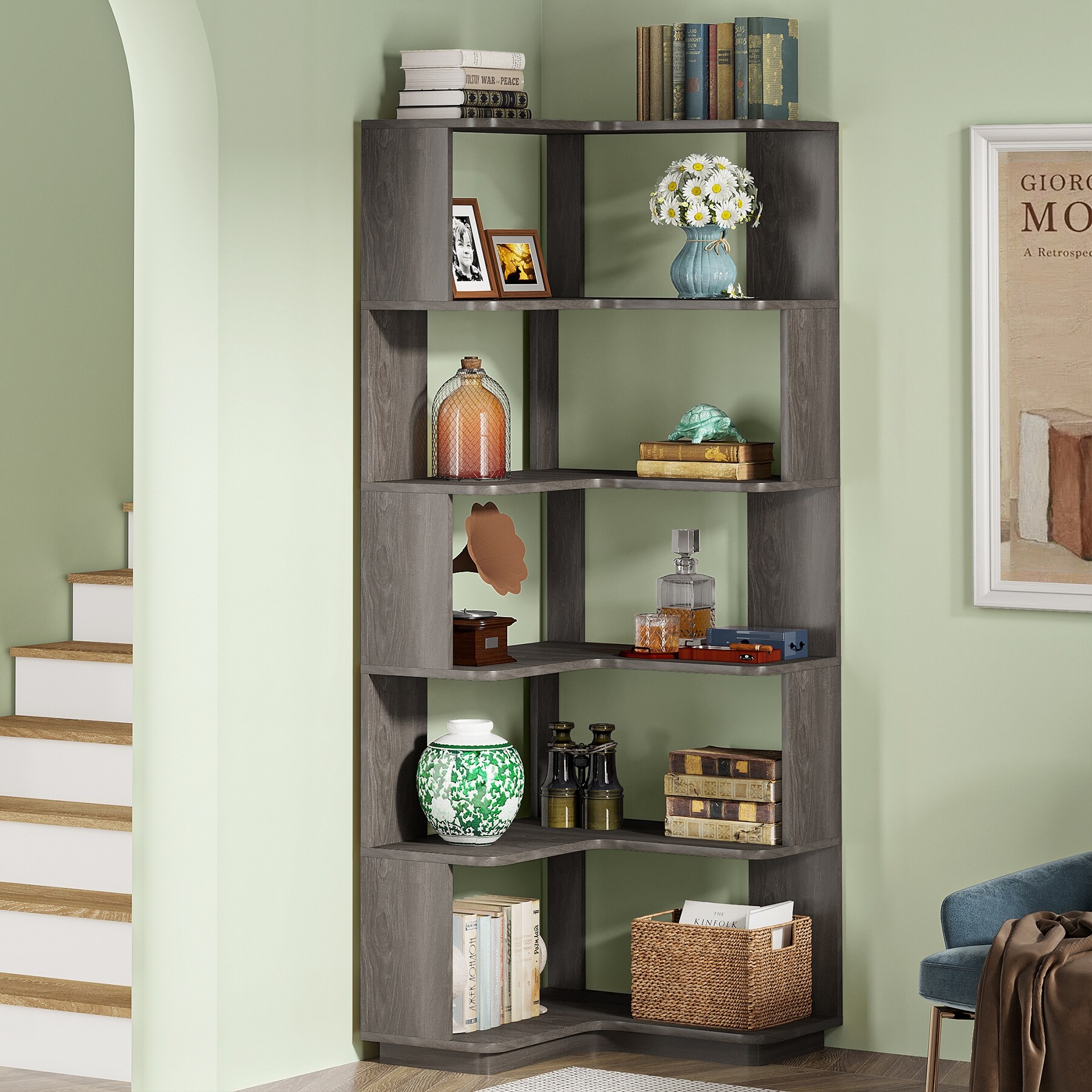 Grey corner bookshelf discount