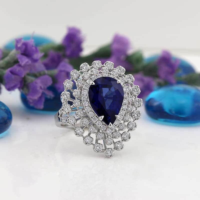Auriya 18k Gold 5 5/8ct Pear-cut Blue Sapphire Halo Diamond Engagement Ring 1 1/2ct TDW