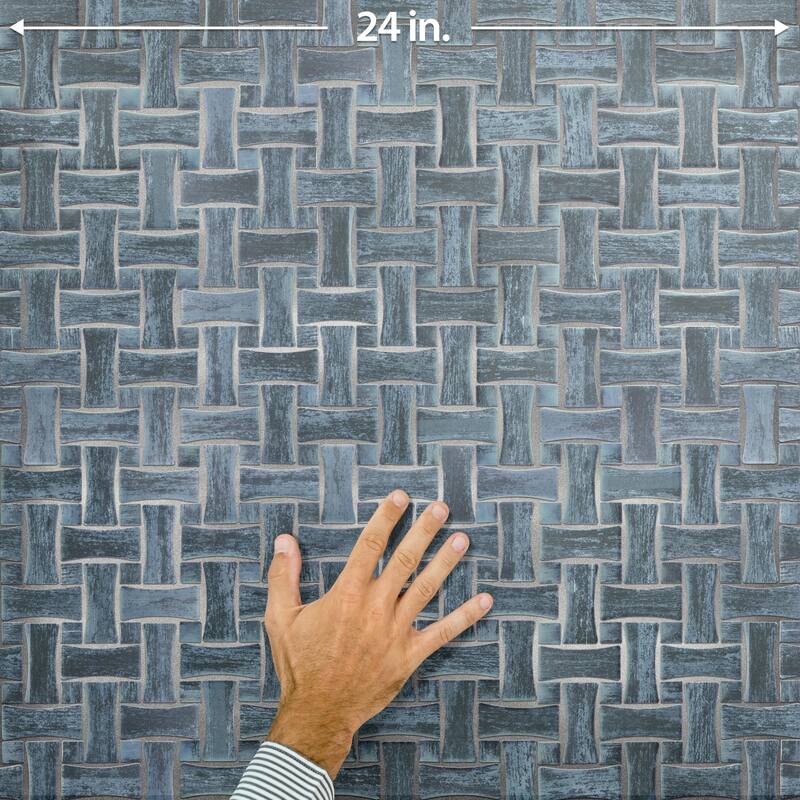 Merola Tile Cassis Dog Bone Basketweave Black w/ Black Dot 10" x 10" Porcelain Mosaic Floor and Wall Tile