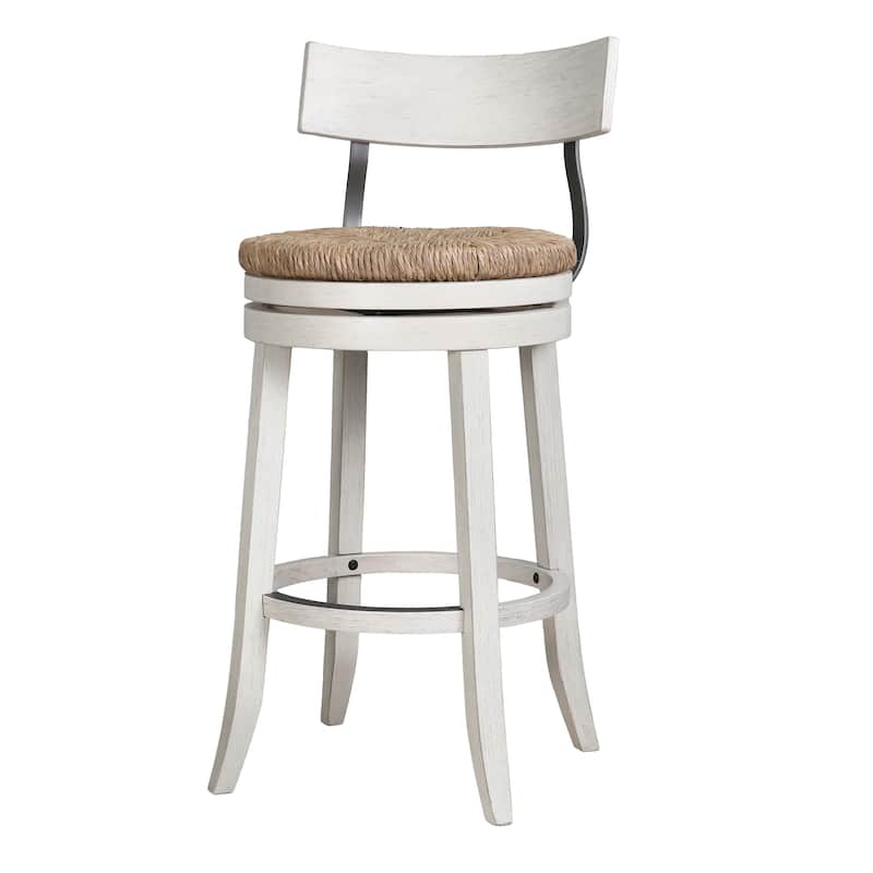 Farmhouse Swivel Wood and Steel Bar Stool with Natural Seagrass Seat