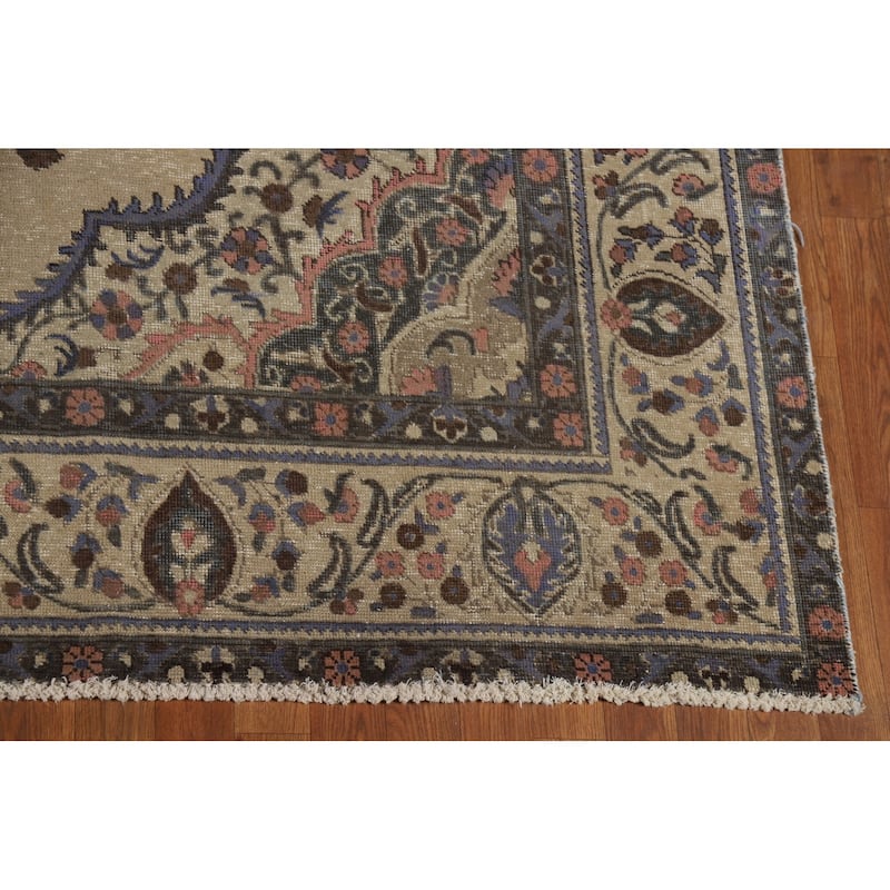 Tabriz Persian Vintage Rug Hand-Knotted Traditional Beige Wool Carpet - 7'8" x 11'2"