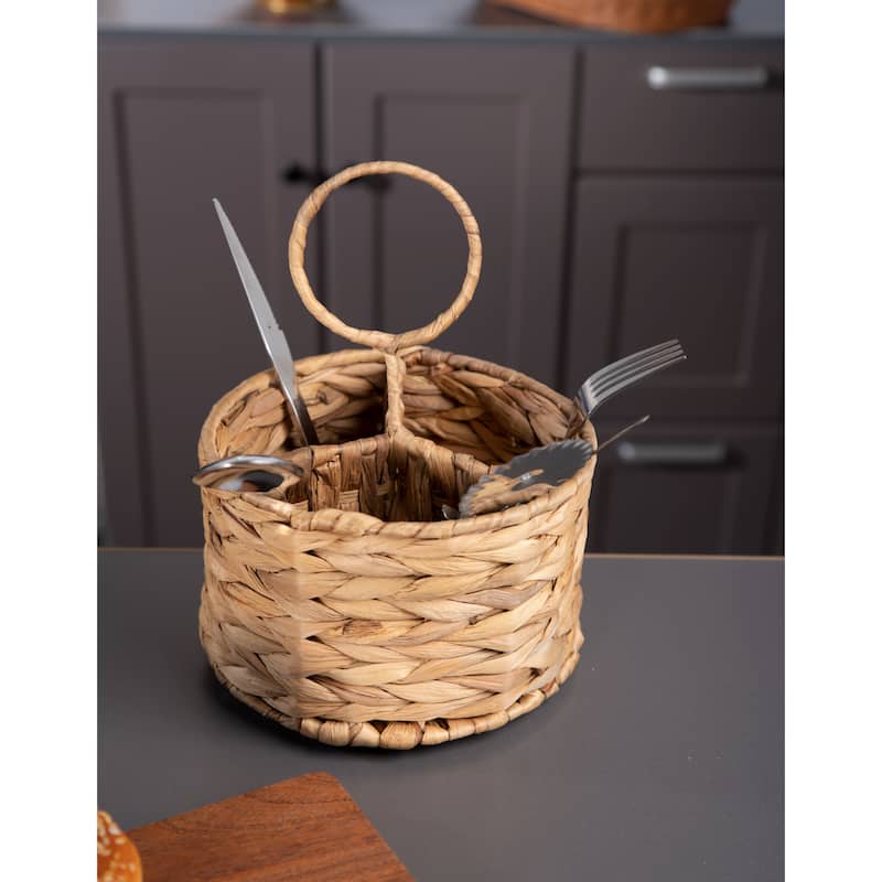 JoJo Fletcher Woven Natural Water Hyacinth Kitchen/Utensil Caddy - 3 Sections Short Handle