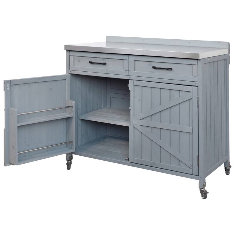 39.4" Outdoor Kitchen Island on Wheels with Stainless Table Top, Outdoor Kitchen Cabinet with Adjustable Shelves