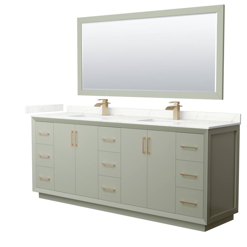 Wyndham Collection WCF414184D-QTZ-UNSM70 Strada 84" Free Standing - Light Green / Giotto Quartz Top / Satin Bronze