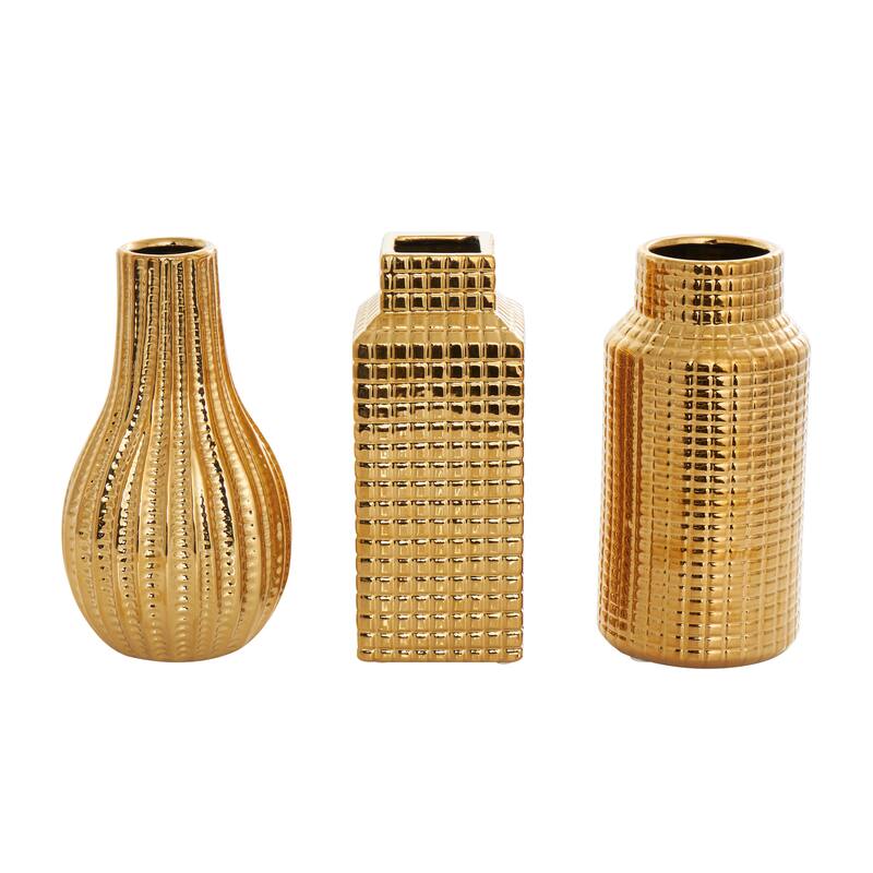 Gold, Cream or Silver Ceramic Dimensional Textured Geometric Vase with Varying Shapes and Grid Patterns (Set of 3)