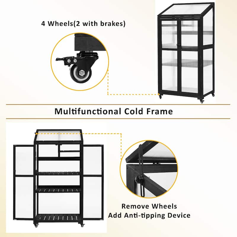 Wood Black Outdoor Large Greenhouse with Wheels and Adjustable Shelves