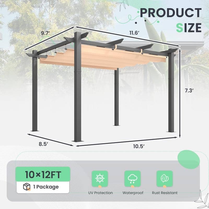 EROMMY 10' x 13' Outdoor Pergola with Retractable Canopy, Heavy-Duty Metal Frame and Adjustable Patio Shade Roof