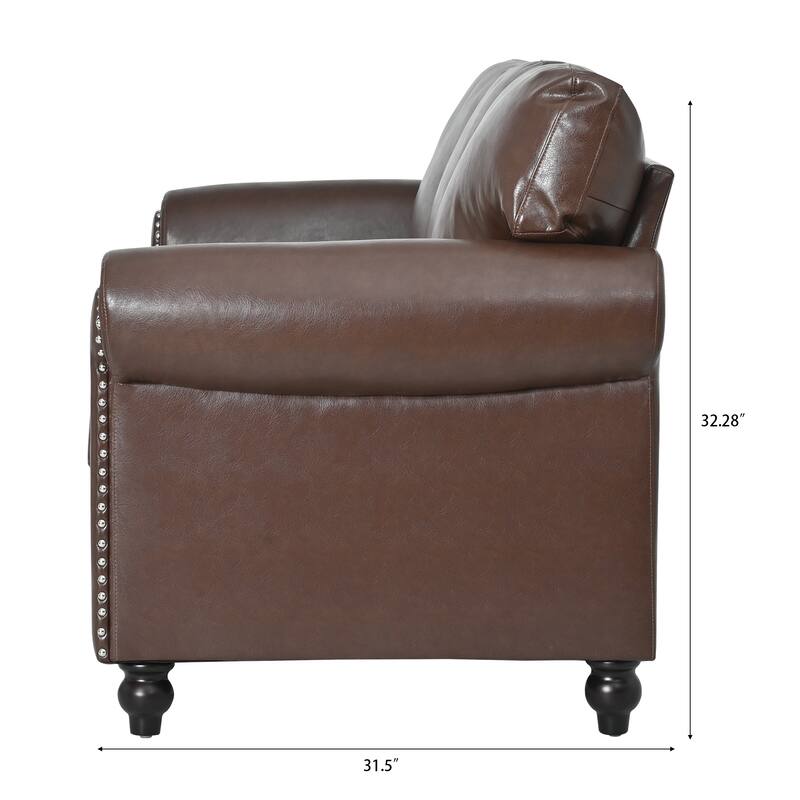 Mid Century Modern 3-Seater PU Fabric Sofa with Roll Arm, Tufted Sofas with Deep Seat for Living Room, Bedrooms, Apartment