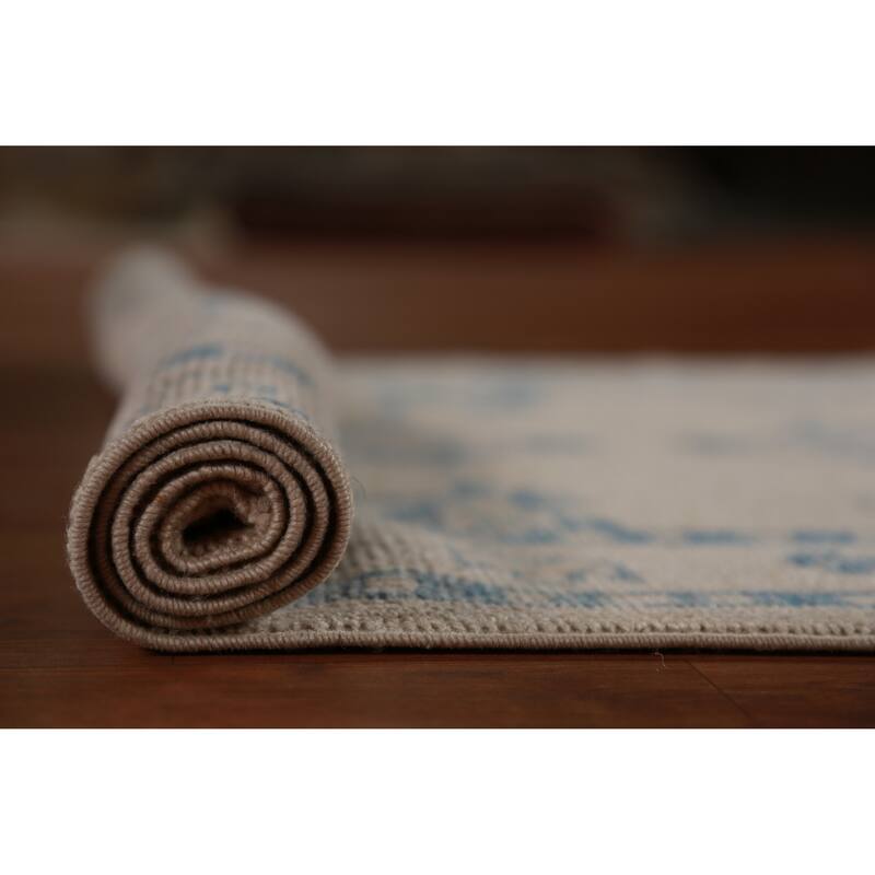 Hand Knotted Oriental 100% Wool Carpet Transitional Geometric Beige & Ivories Oushak Runner Rug - 14' 2'' X 3' 4''