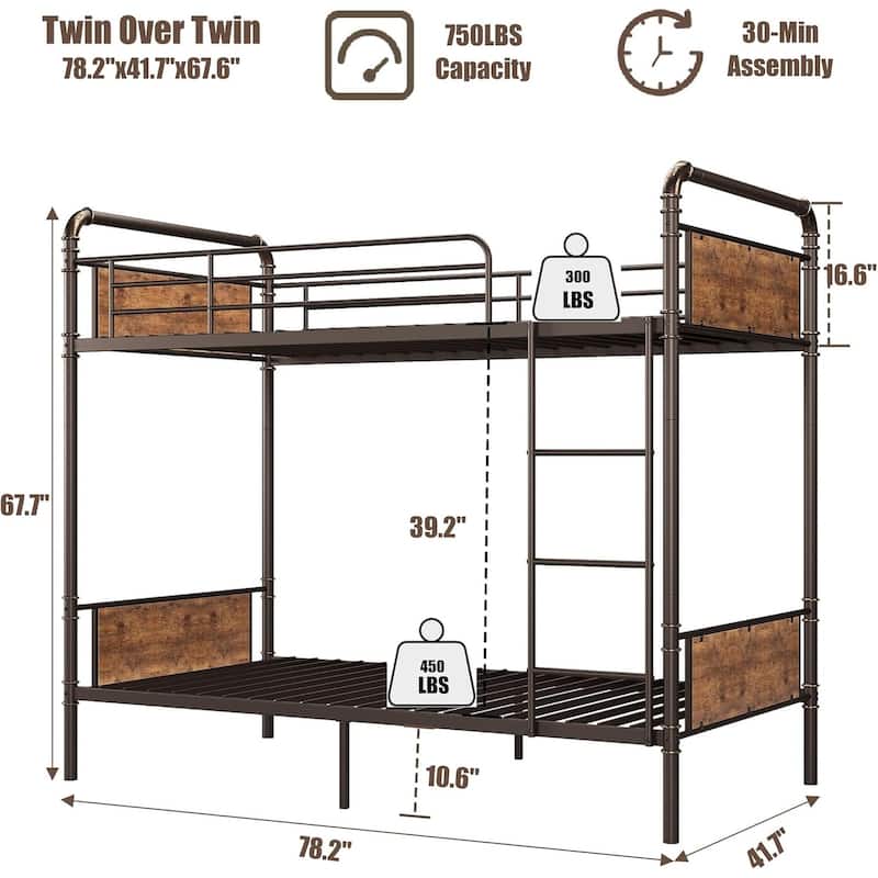 Heavy Duty Twin Size Convertible Bunk Bed with Guardrail & Ladders