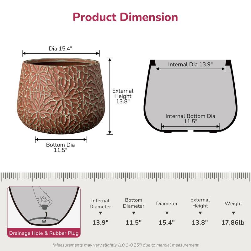 Concrete Tall Round Planter with Floral Pattern with Drainage Holes - 18 x 13.5