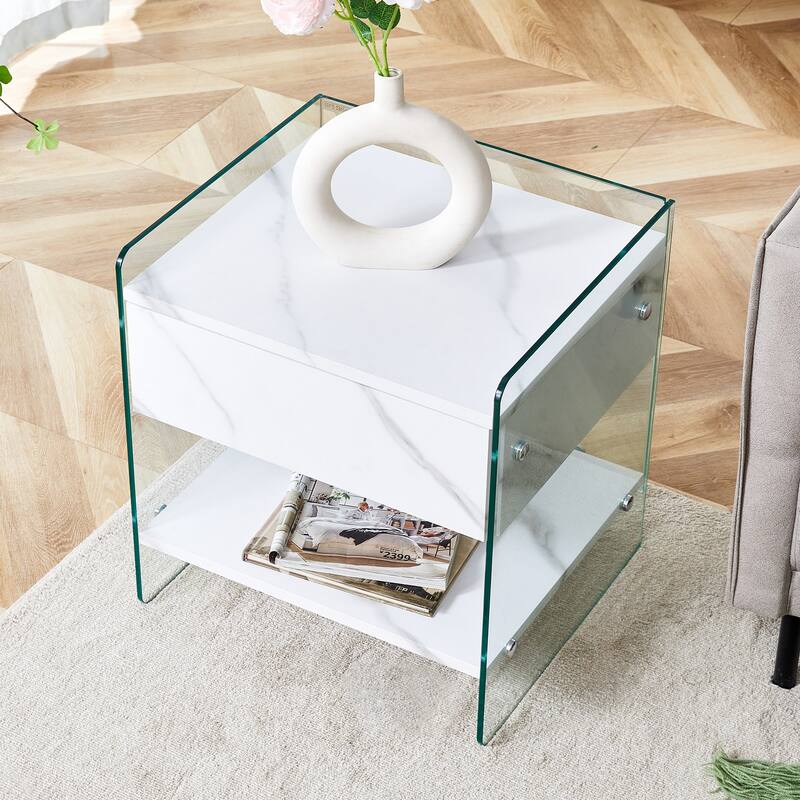 Elegant Bedside Table with Drawers, Transparent Tempered Glass